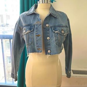Denim Jacket Light Wash Cropped Ripped Size XS Oversized Jean